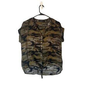 Sanctuary Green Camo Short Sleeve Front Tie Knot Button Down Shirt Women Sz S